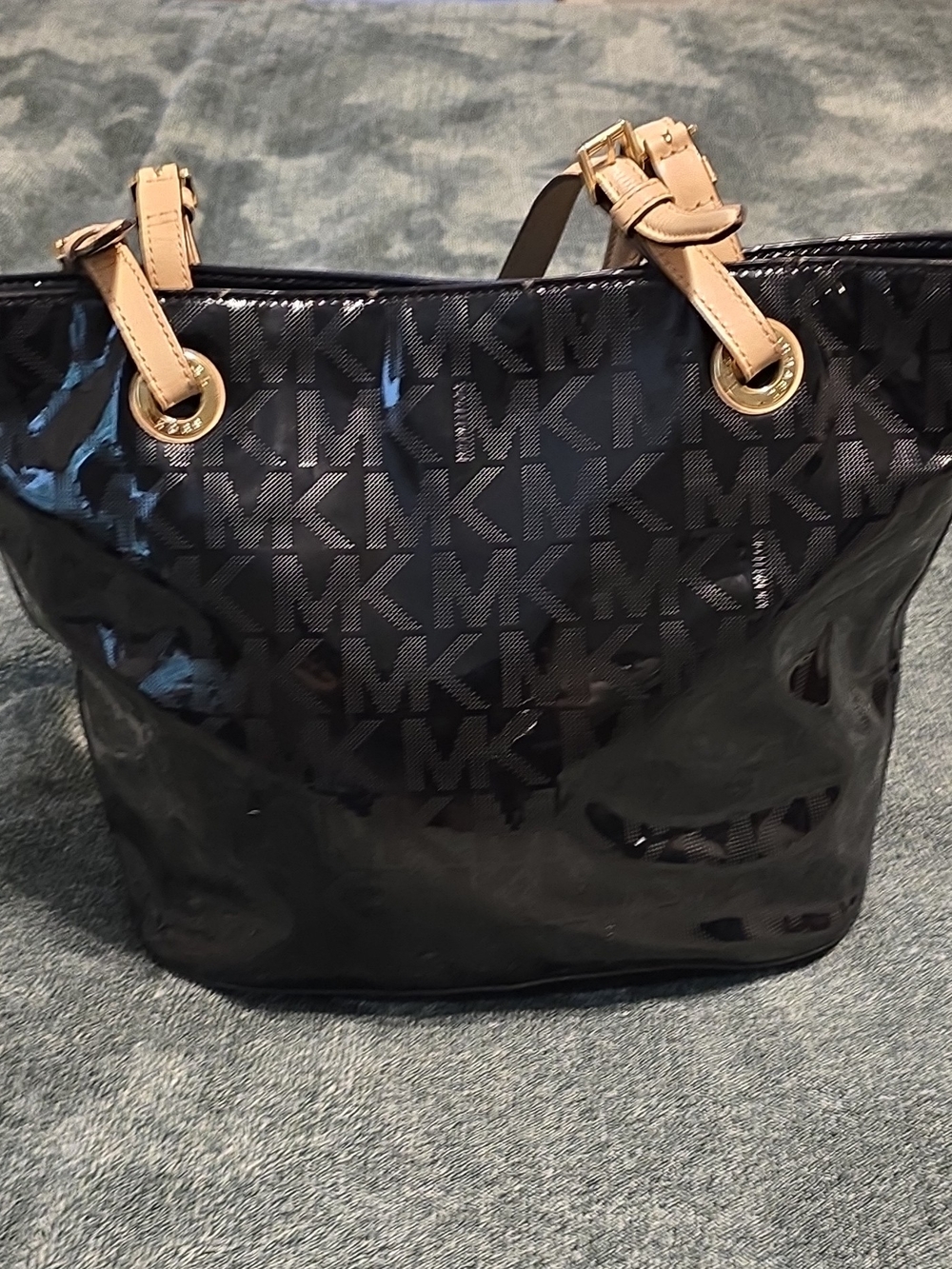 Michael Kors Black Patent Logo Tote with Tan Straps and Gold Hardware
